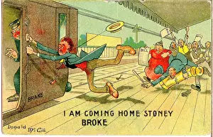 Creditors: Comic postcard, Man racing for the train