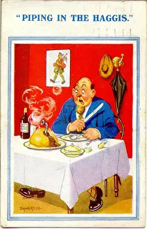 Haggis: Comic postcard, Man in a restaurant with haggis