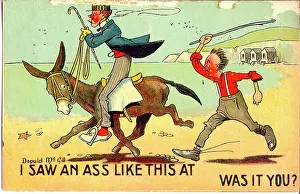 Asses: Comic postcard, Man riding donkey on the beach