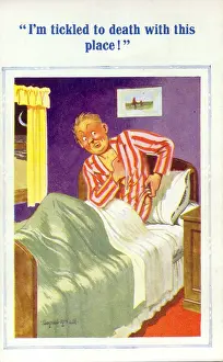 Ticked: Comic postcard, Man scratching himself in bed