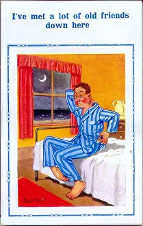 Ticked: Comic postcard, Man scratching himself on his bed