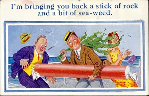 Bump: Comic postcard, Man at seaside with stick of rock