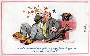 Sore: Comic postcard, Man with sore head, WW1