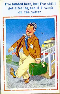 Wobbly: Comic postcard, Man stepping off a boat at the seaside