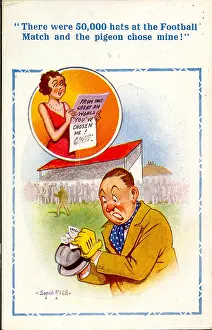 Comic postcard, Man targeted by pigeons