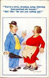 Patched: Comic postcard, Man verbally abusing woman