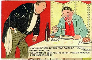 Dissatisfied: Comic postcard, Man and waiter in restaurant