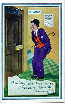 Comic postcard, Man waiting for the public toilet
