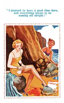 Voyeurism: Comic postcard, Man watching woman on the beach