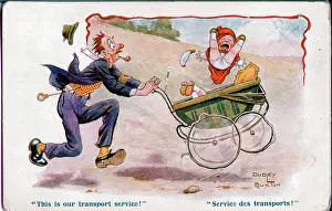 Wheeling: Comic postcard, Man wheeling baby in pram, WW1