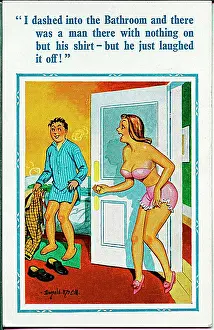 Laughed: Comic postcard, Man and woman in bathroom