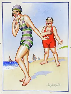 Spinster: Comic postcard, Man and woman on the beach