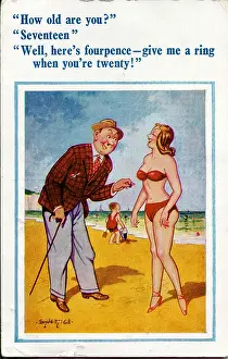 Fourpence: Comic postcard, Man and woman on the beach