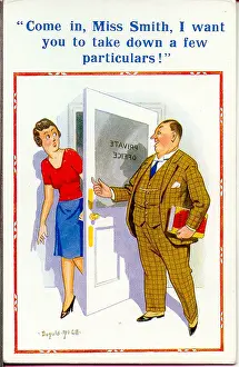 Particulars: Comic postcard, Man and woman in office