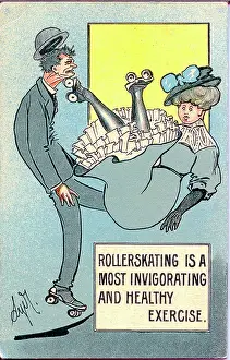 Underskirt: Comic postcard, Man and woman rollerskating