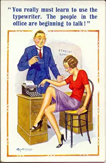 Unconcerned: Comic postcard, Man and woman with typewriter
