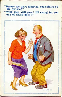 Bruised: Comic postcard, Married couple fighting