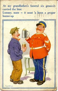 Misunderstanding: Comic postcard, Two men chatting at a funeral