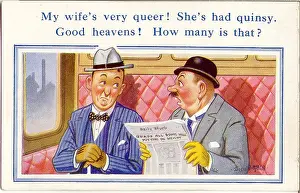 Misunderstanding: Comic postcard, Men chatting in train compartment