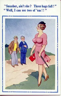 Smasher: Comic postcard, Two men discuss passing woman