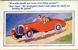Speedometer: Comic postcard, Two men in a speeding car