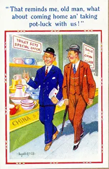 Reminds: Comic postcard, Men walk past shop window