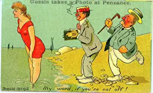 Gussie: Comic postcard, Two men and a woman at the seaside