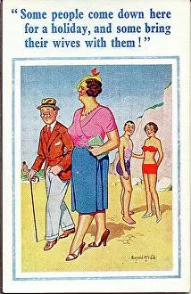 Henpecked: Comic postcard, Middle aged couple on the beach