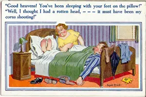 Hangover: Comic postcard, Middle aged couple in bed