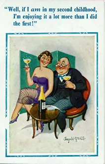 Bubbly: Comic postcard, Middle aged couple with champagne