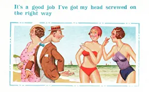 Frump: Comic postcard, middle aged couple and two young women