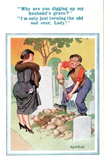 Gravedigger: Comic postcard, Middle-aged woman and gravedigger