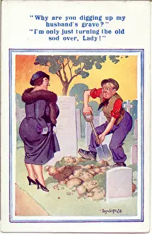 Gravedigger: Comic postcard, Middle-aged woman and gravedigger