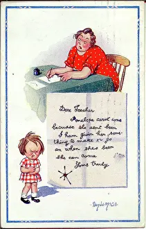 Blot: Comic postcard, Mother and daughter, absent from school
