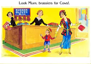 Stocker: Comic postcard, Mother and son in department store