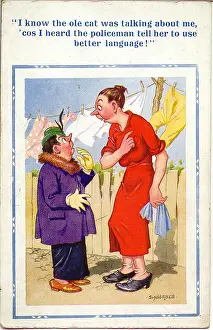 Unattractive: Comic postcard, Neighbours chatting in garden