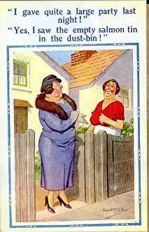Nosy: Comic postcard, Neighbours chatting at the gate