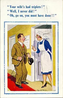 Triplets: Comic postcard, New father with maternity nurse