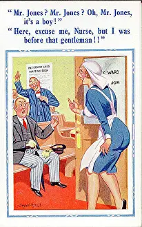 Births: Comic postcard, New fathers waiting in maternity ward