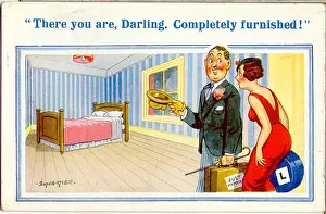Learner: Comic postcard, Newlywed couple in bedroom