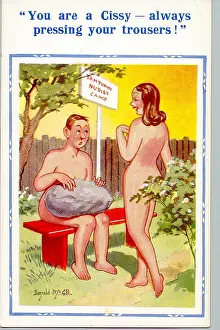 Nudist: Comic postcard, Nudist Camp - man pressing trousers