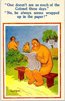 Nudist: Comic postcard, Nudist Camp - man reading newspaper