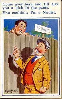 Nudist: Comic postcard, Nudist Camp, two men chat over fence