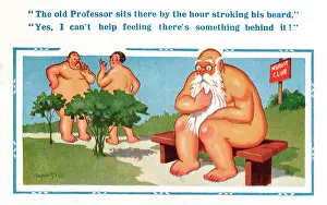 Stroking: Comic postcard, Nudist Club - something behind it
