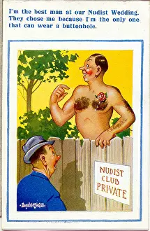 Nudist: Comic postcard, Nudist Club, man with buttonhole