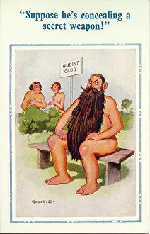 Concealing: Comic postcard, Nudist Club - man with long beard