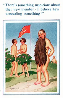 Concealing: Comic postcard, Nudist Colony - concealing something