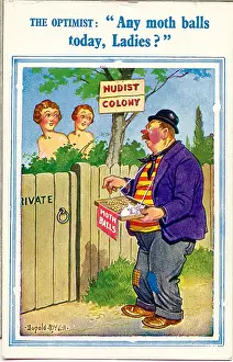 Optimist: Comic postcard, Nudist Colony, man selling mothballs