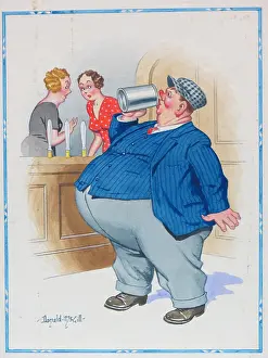 Barmaids: Comic postcard, Obese man drinking in pub