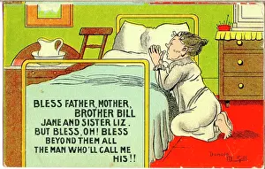 Frump: Comic postcard, Old maid saying her prayers